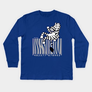 Cool zebra smiling and waving while seated on top of a barcode Kids Long Sleeve T-Shirt